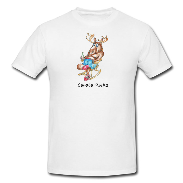 Canada Rocks Moose Drinking in a Rocking Chair T Shirt - Click Image to Close