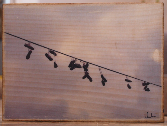 Original Photo Print | Shoes on a Wire | Reclaimed Wood